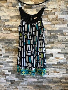 jonathan martin Black White Teal Green Geometric Sleeveless Dress